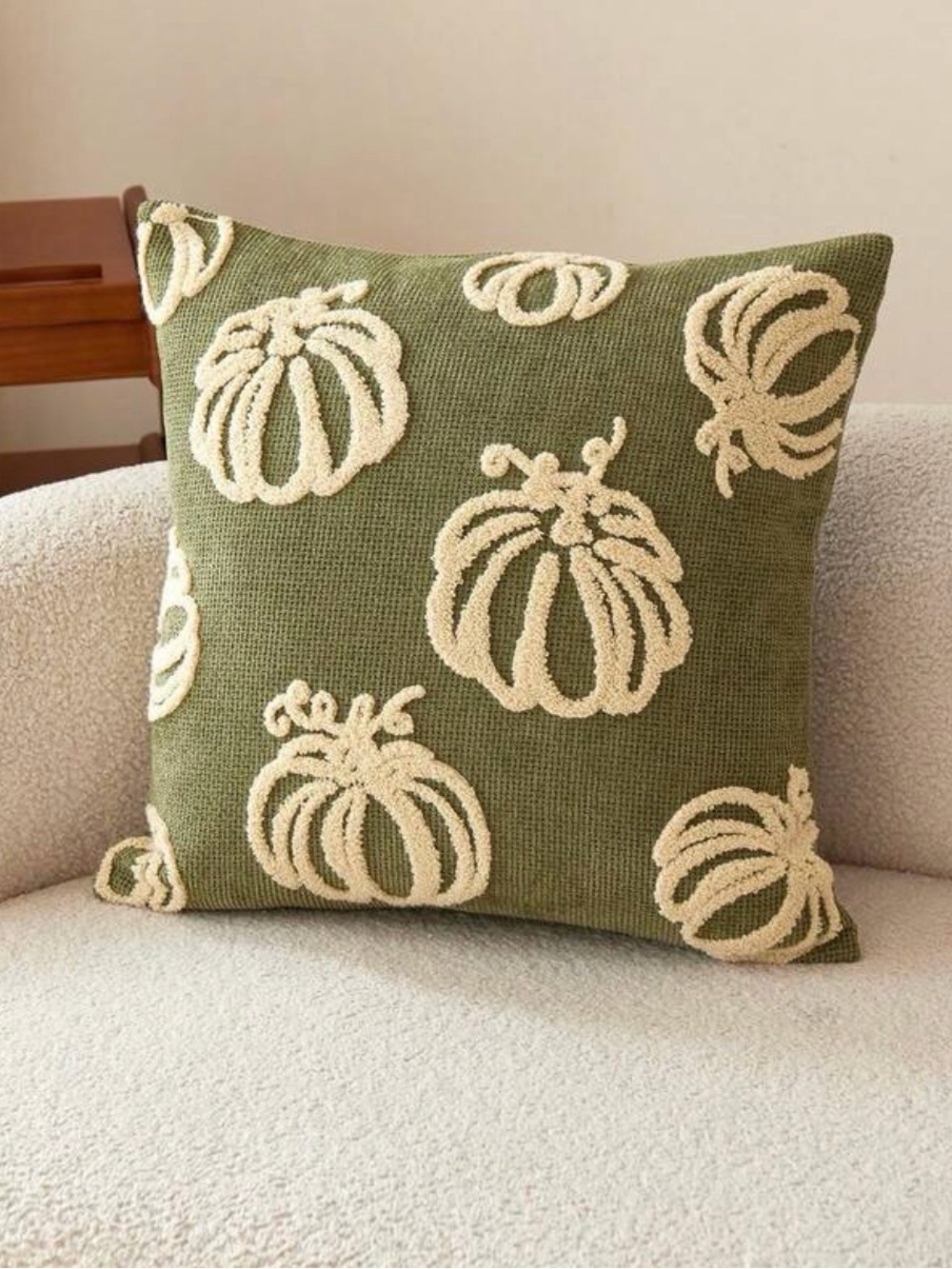 Olive Green Pumpkin Accent Pillow Case with Cream Embroidery - Home Holiday